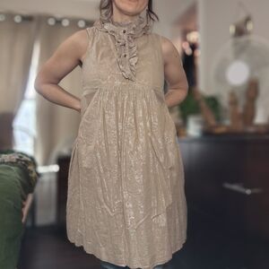 Elegant Tan Sleeveless Cotton Dress With Ruffles